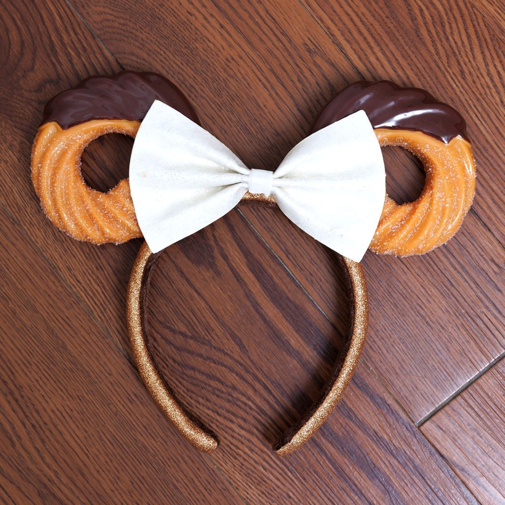 Disney Parks Minnie Mouse Churro Donut Chocolate Dipped Ear Headband Glitter Bow